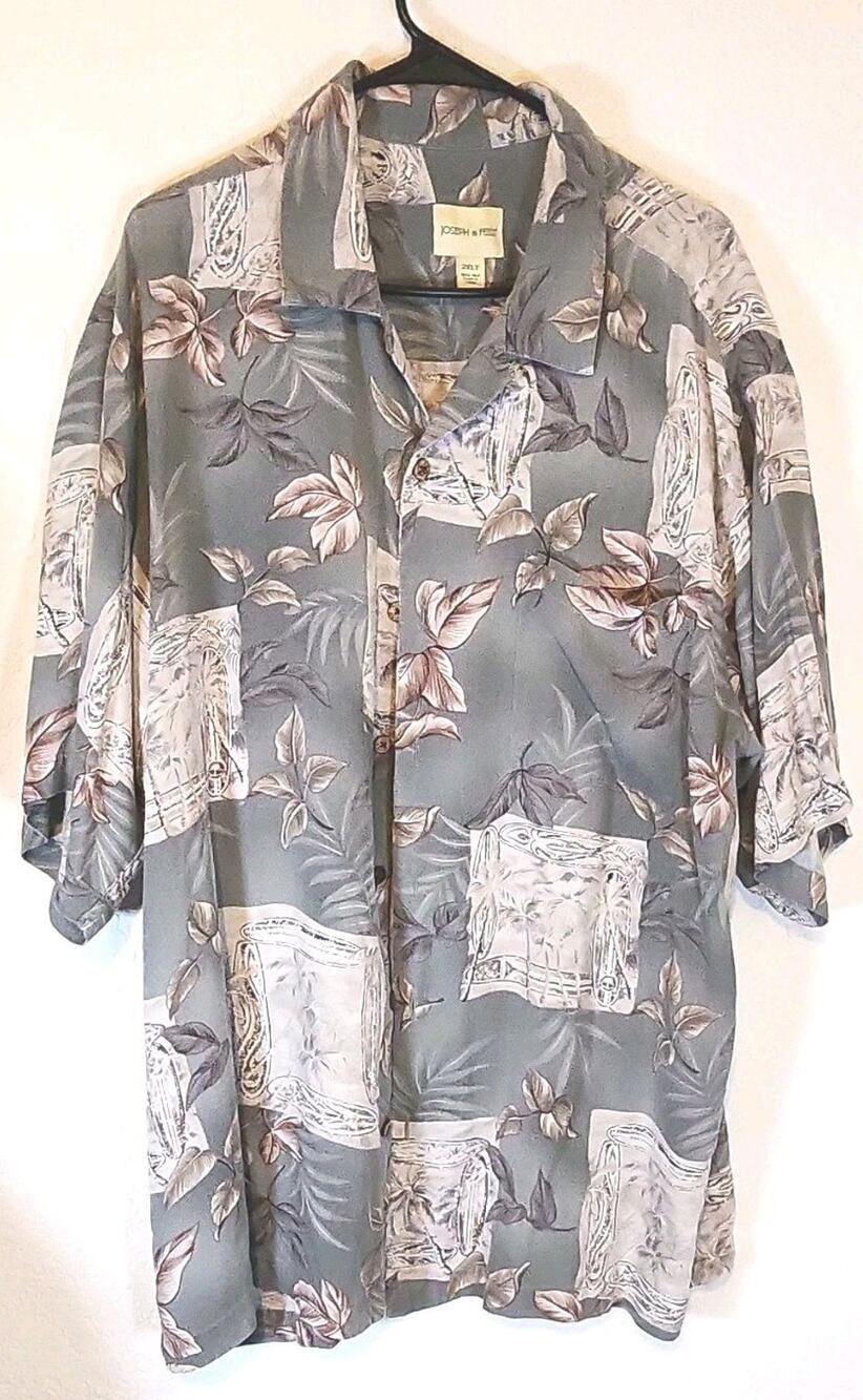 Joseph & Feiss Men's 2XLT Gray Floral Silk Woven Short‎ Sleeve Button-Up Shirt